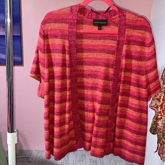 Lane Bryant Sweaters - Lane Bryant Cardigan 18/20 Pink Striped Office travel Casual Short Sleeve Boho